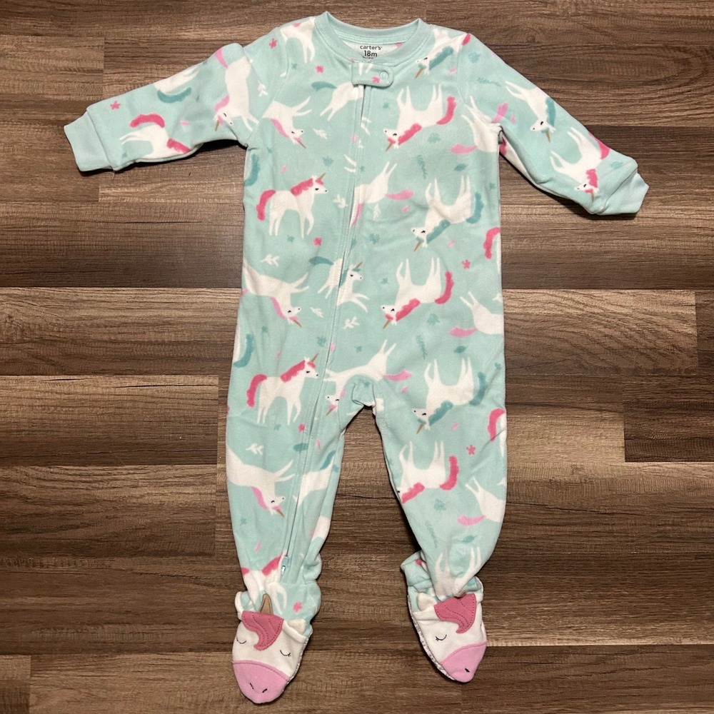 Carter's Footie Pajama Kids 18M Mint Green New Unicorn Fleece 2-Way Zip 6T140110